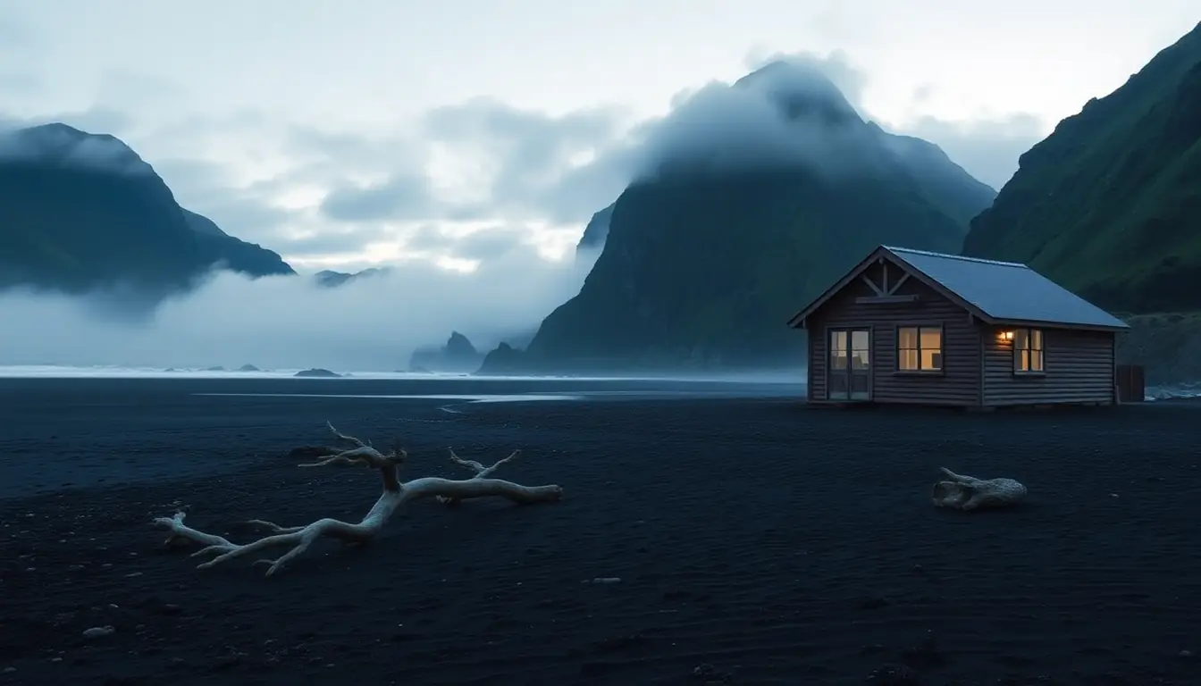A moody black-sand beach at dusk with driftwood, cliffs, rolling mist and a lone bach with a lit window, a setting waiting for a story