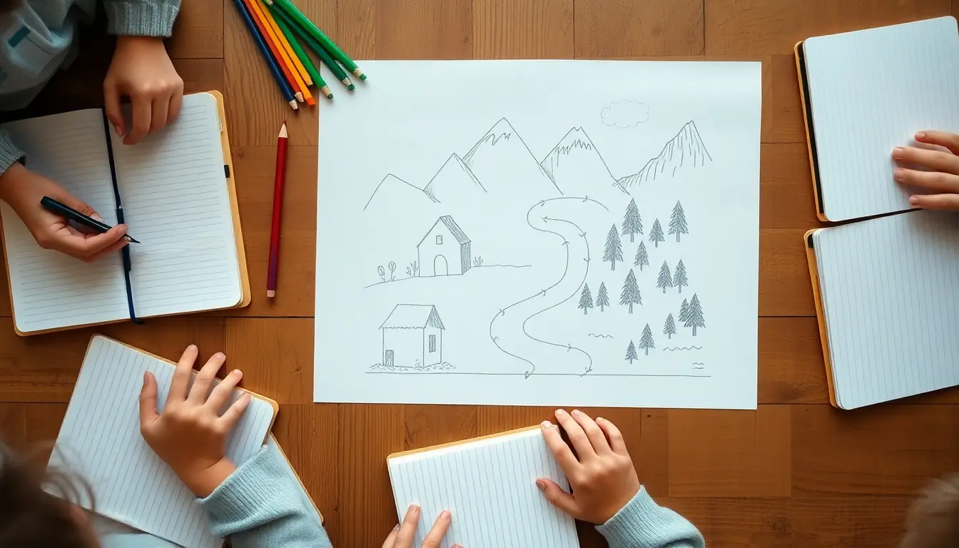 Children's hands writing stories in notebooks beside a hand-drawn story map of a mountain, river, forest and hut