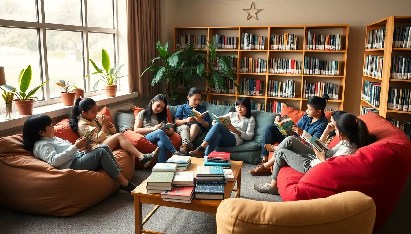 Students sprawled on beanbags in a sunny school library corner, each absorbed in a novel, with piles of books on a low table