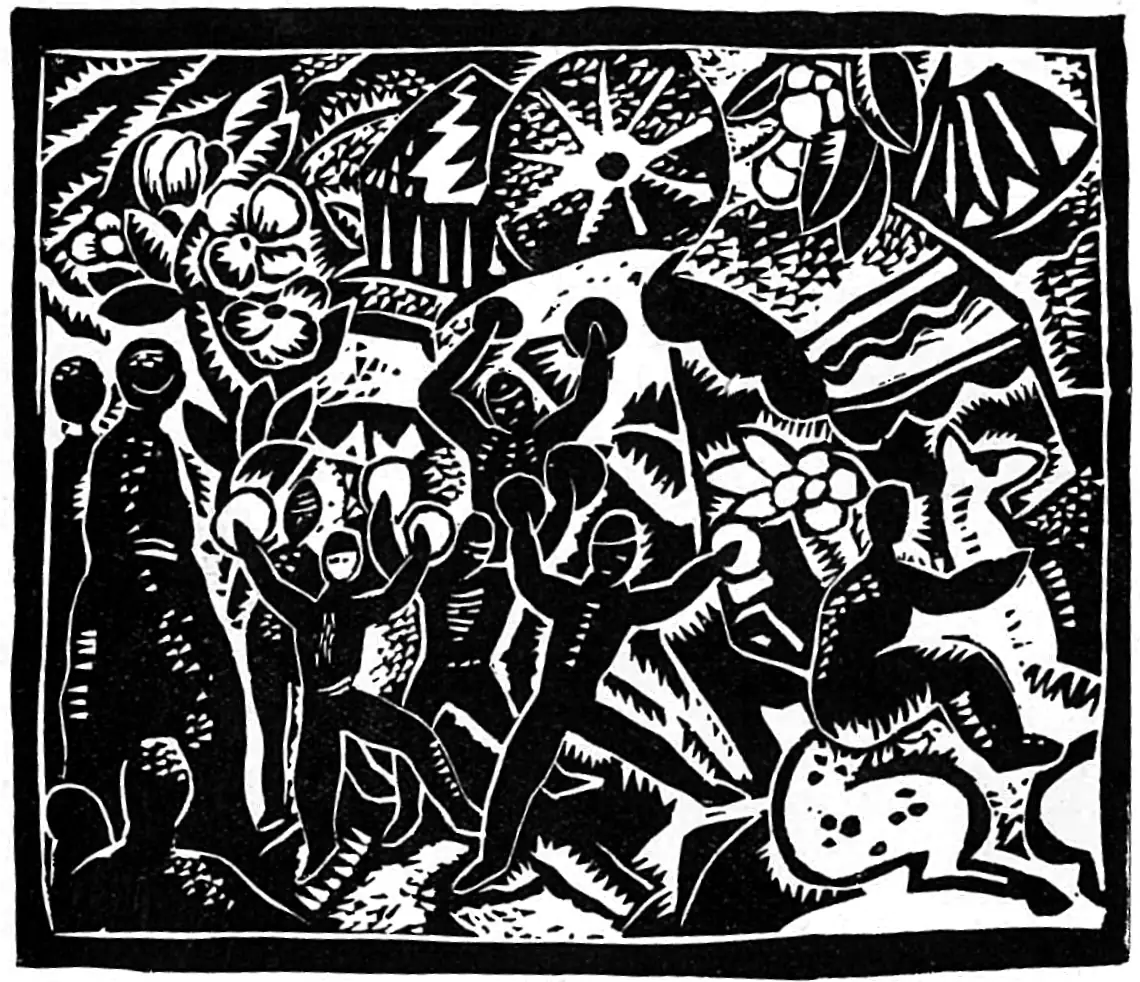 A bold black-and-white linocut of dancing figures, flowers, a star and a striped tent at a carnival