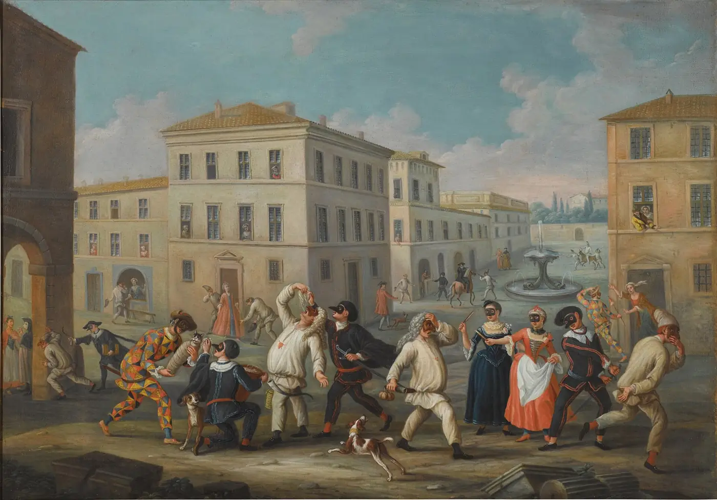 An old painting of masked performers in colourful costumes clowning in a town square, with people watching from the windows around them