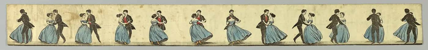A long paper strip printed with a row of dancing couples, each drawn in a slightly different position as they turn