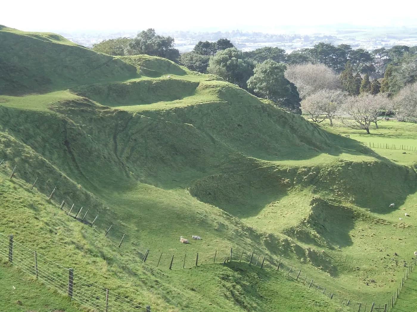 Grass-covered terraces and hollows shaped into the slope of Maungakiekie One Tree Hill, with trees and the city in the distance