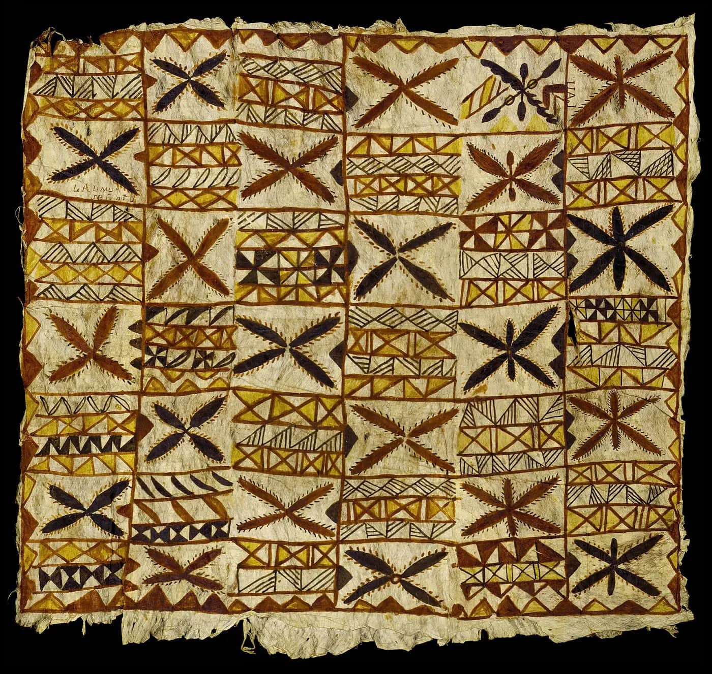 A square of Samoan barkcloth painted in brown, yellow and black, divided into a grid of squares with repeated four-armed star motifs and bands of triangles