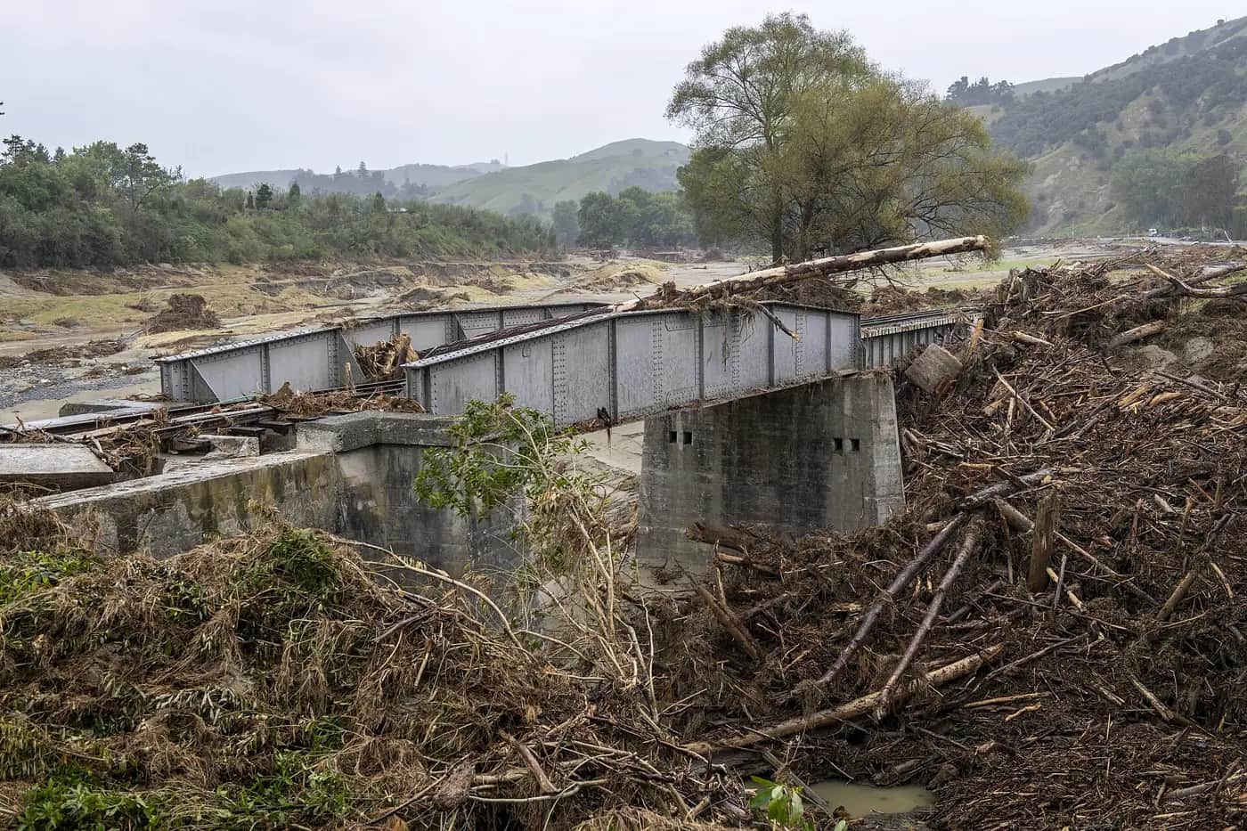 A railway bridge in the Esk Valley buried in a huge pile of logs, branches and silt after the 2023 flood