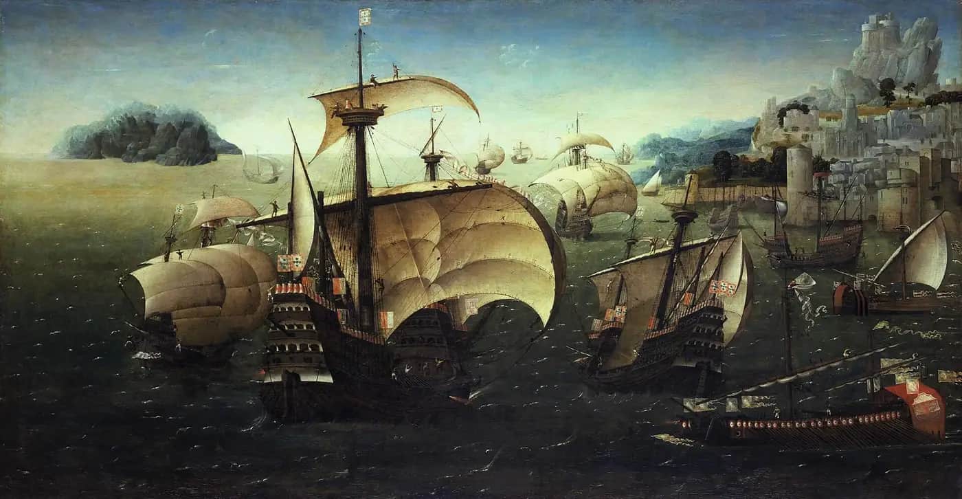 An old painting of large wooden sailing ships with billowing sails near a rocky coast and a walled harbour town