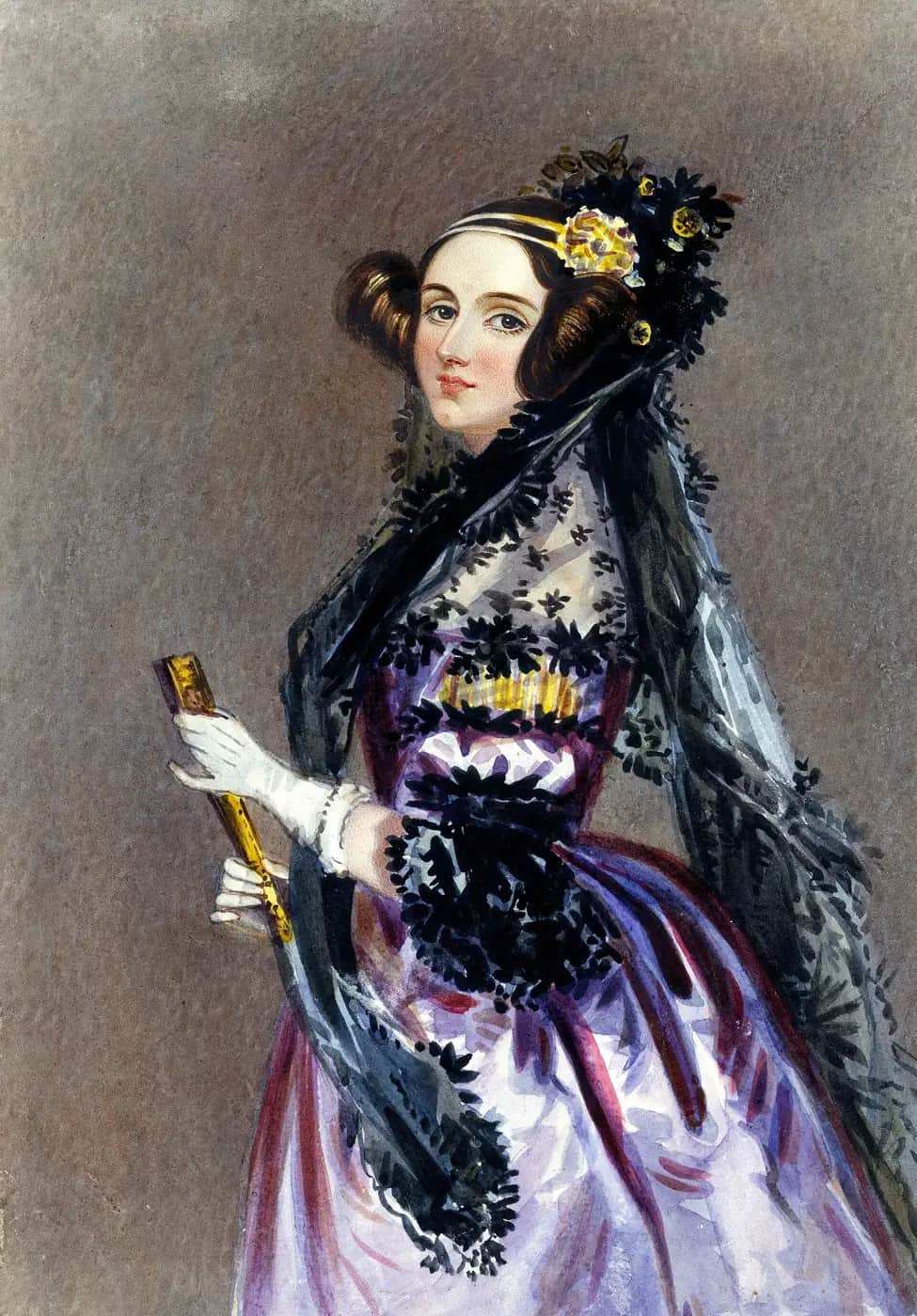 A watercolour portrait of Ada Lovelace in a purple dress and black lace shawl, holding a fan.