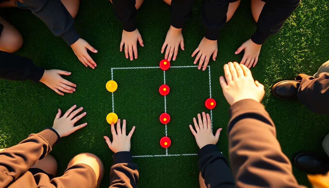 Students' hands around a chalk-marked mini field on grass, with coloured marker discs placed to plan a team tactic