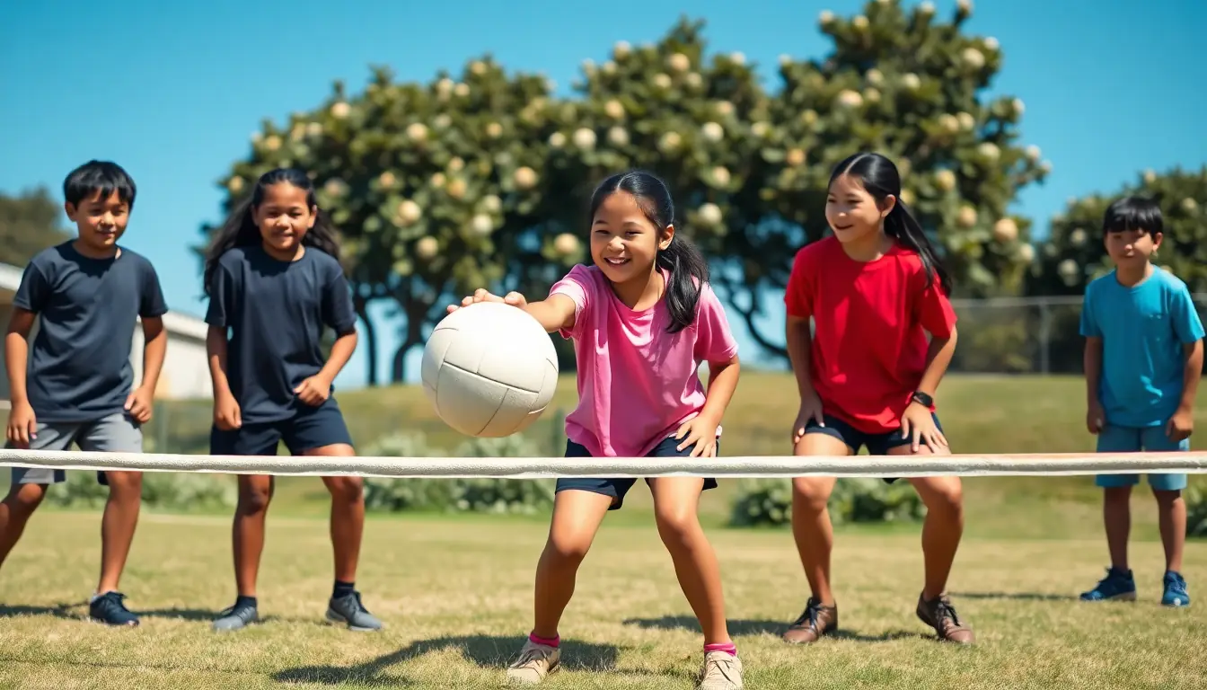 Students playing a net game over a rope on a grassy school field, one girl reaching low to play the ball while teammates watch