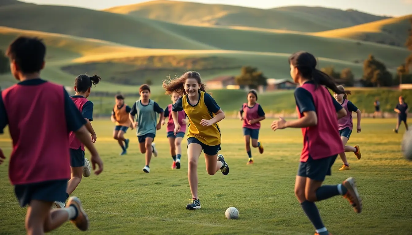 Intermediate-aged students in coloured bibs playing a fast running ball game on a school field at golden hour, with green hills behind