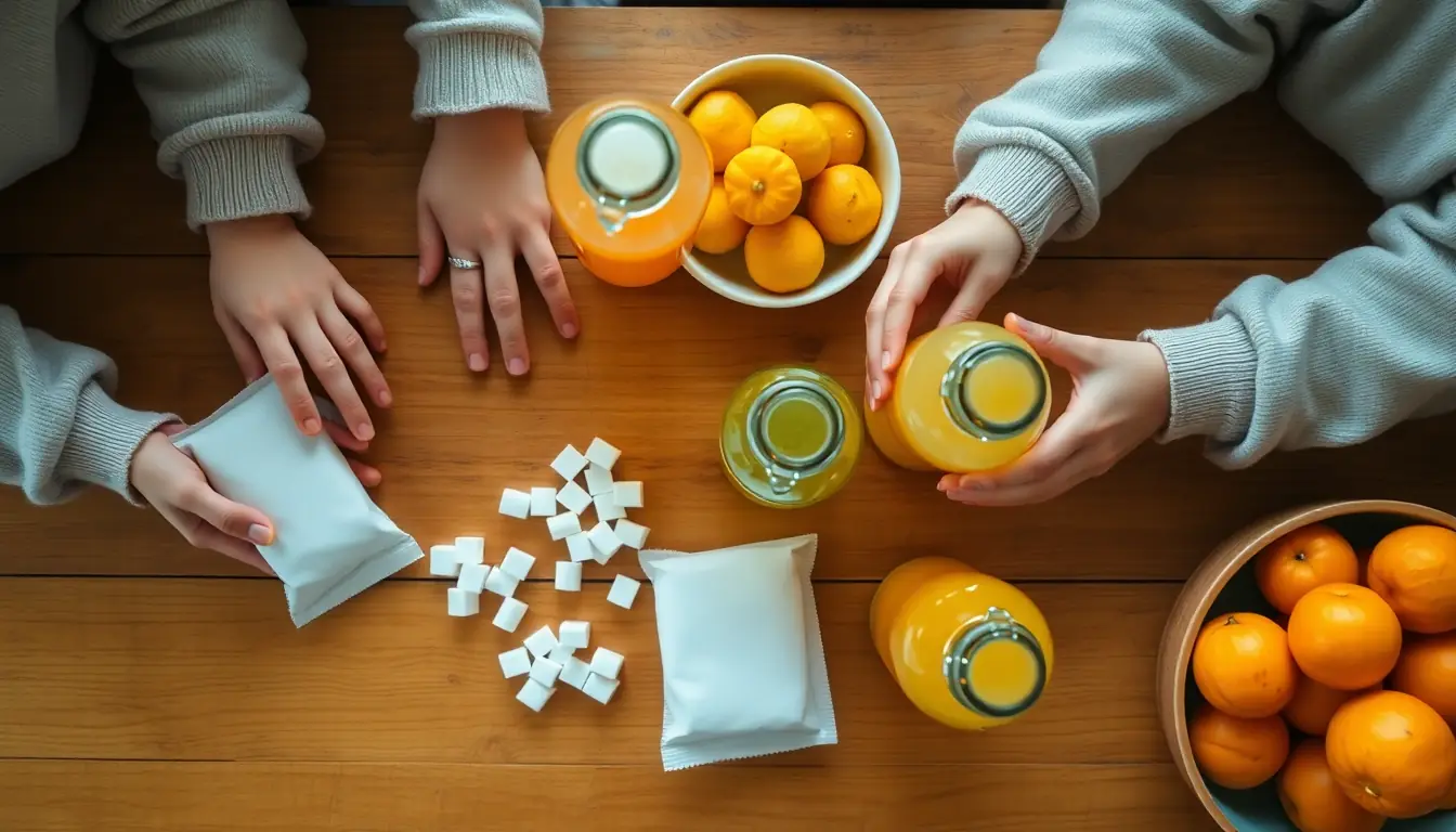 Children's hands comparing plain food packets and bottles of orange drink on a wooden table, with a pile of sugar cubes and bowls of mandarins