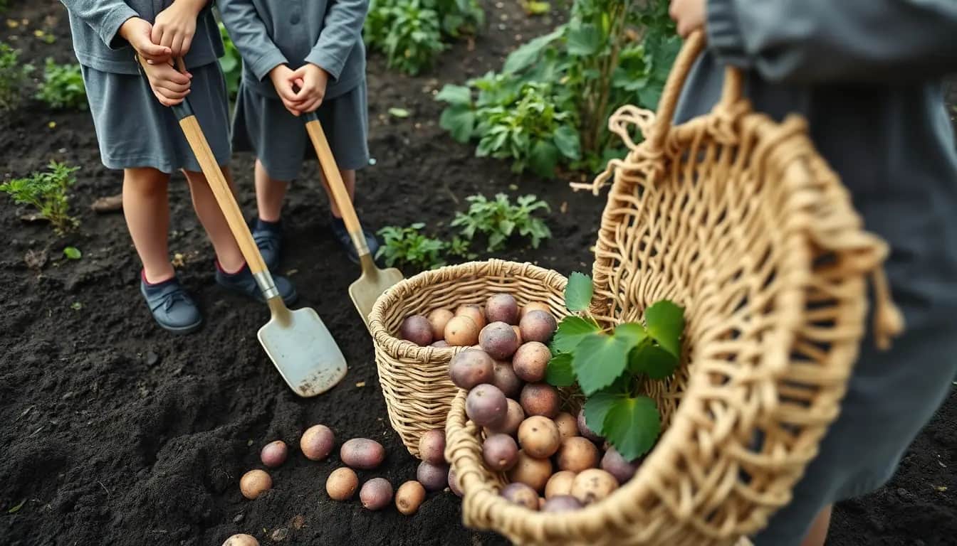 Freshly dug purple and cream heritage potatoes piled in woven baskets on dark garden soil, with children holding spades in the background