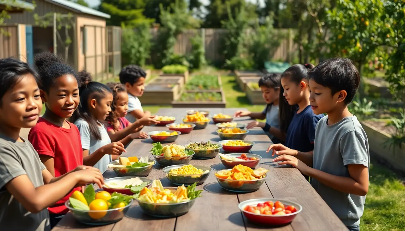 Children sharing a lunch of fruit, wraps, kūmara, corn and salad at a long outdoor table beside raised vegetable beds and fruit trees