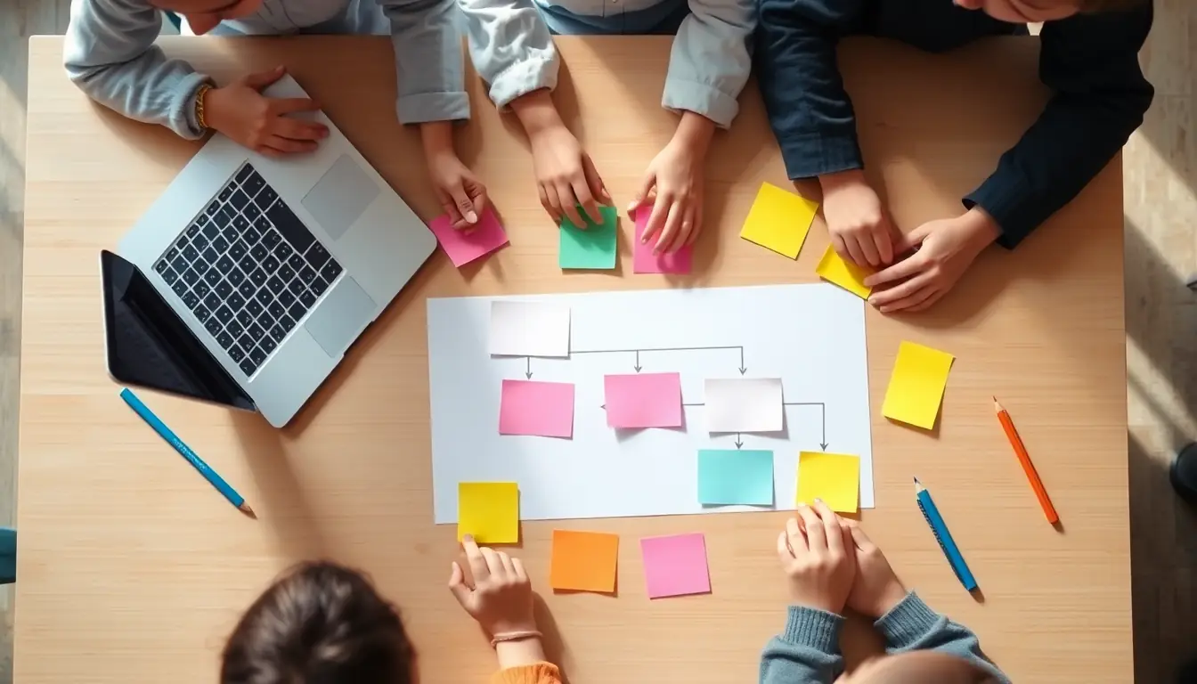Children's hands arranging coloured sticky notes into a flowchart on a classroom table beside a laptop and pencils
