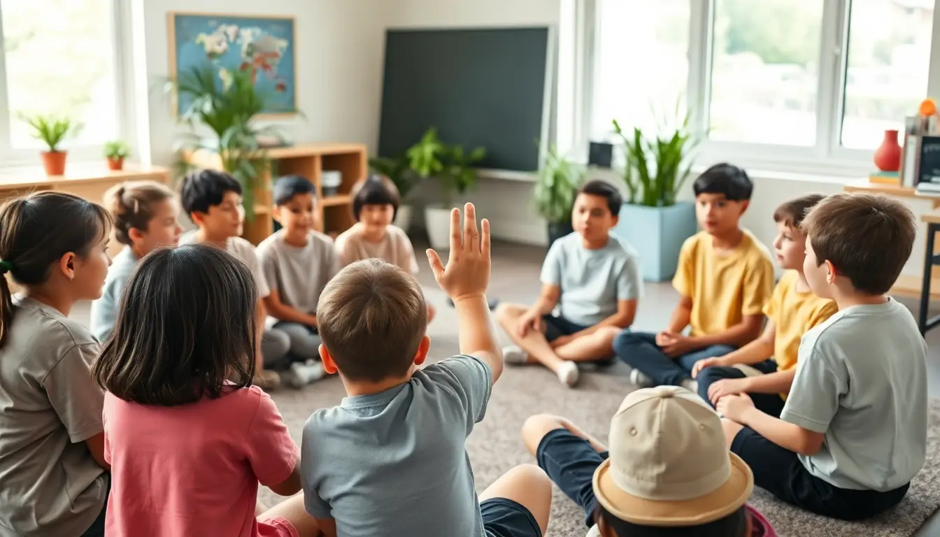Students sitting in a circle on a classroom carpet while one raises a hand to share an idea