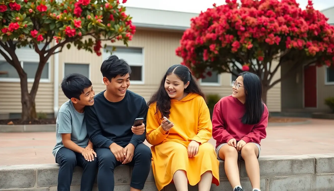 Four intermediate-aged friends sitting on a low wall under flowering pōhutukawa trees, laughing together as two of them look at a phone
