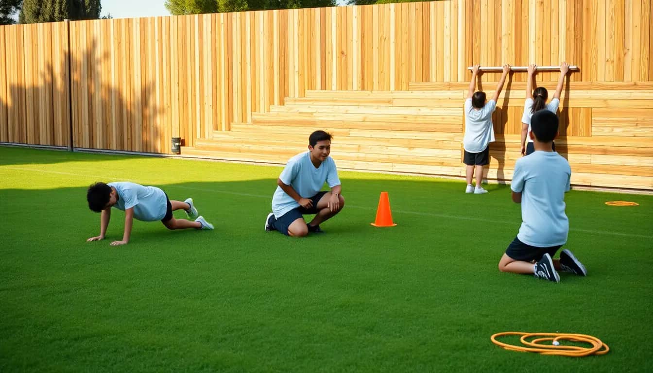 Students working at fitness stations on a school field: one holding a plank, a partner kneeling to encourage, and others hanging from a bar by a fence