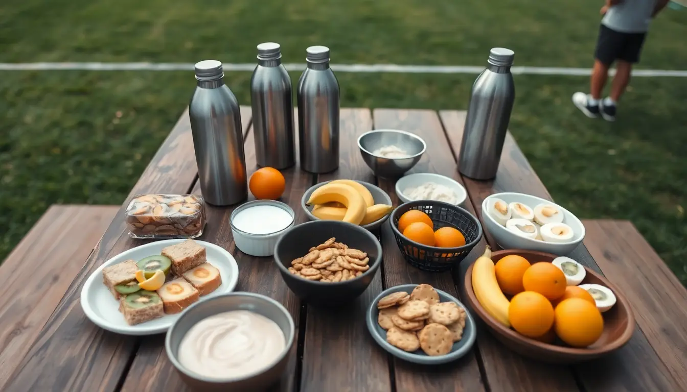 A picnic table by a sports field set with water bottles, sandwiches, kiwifruit, bananas, mandarins, boiled eggs, yoghurt and crackers