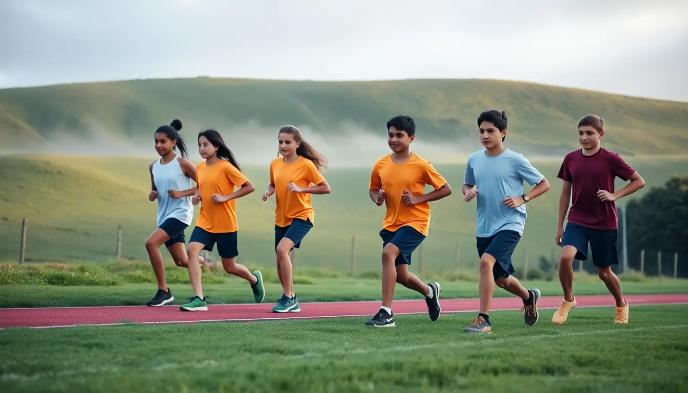 A group of intermediate-aged students jogging together along a running track on a misty morning, with green hills behind