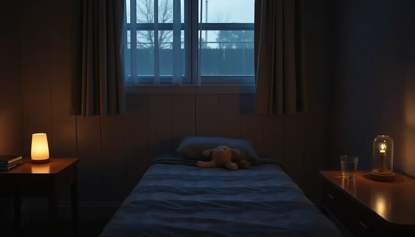 A calm, dim bedroom at night with a warm bedside lamp, a glass of water, a patterned quilt and the curtains drawn