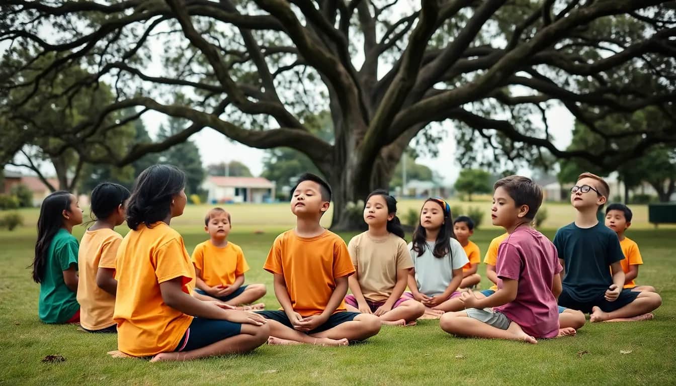 Children sitting cross-legged in a circle under a large tree on a school field, eyes closed, practising slow breathing