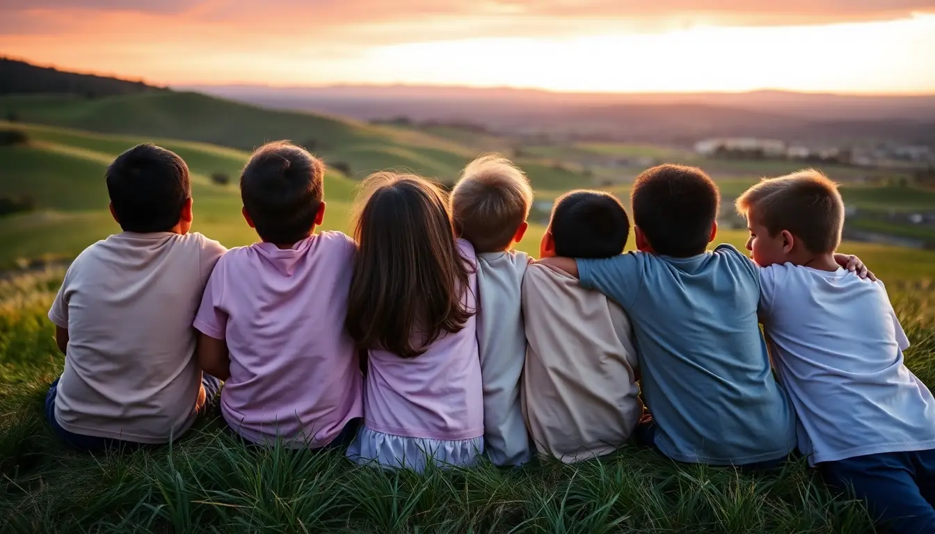 A group of children seen from behind, sitting shoulder to shoulder on a grassy hilltop watching the sunset over rolling green farmland