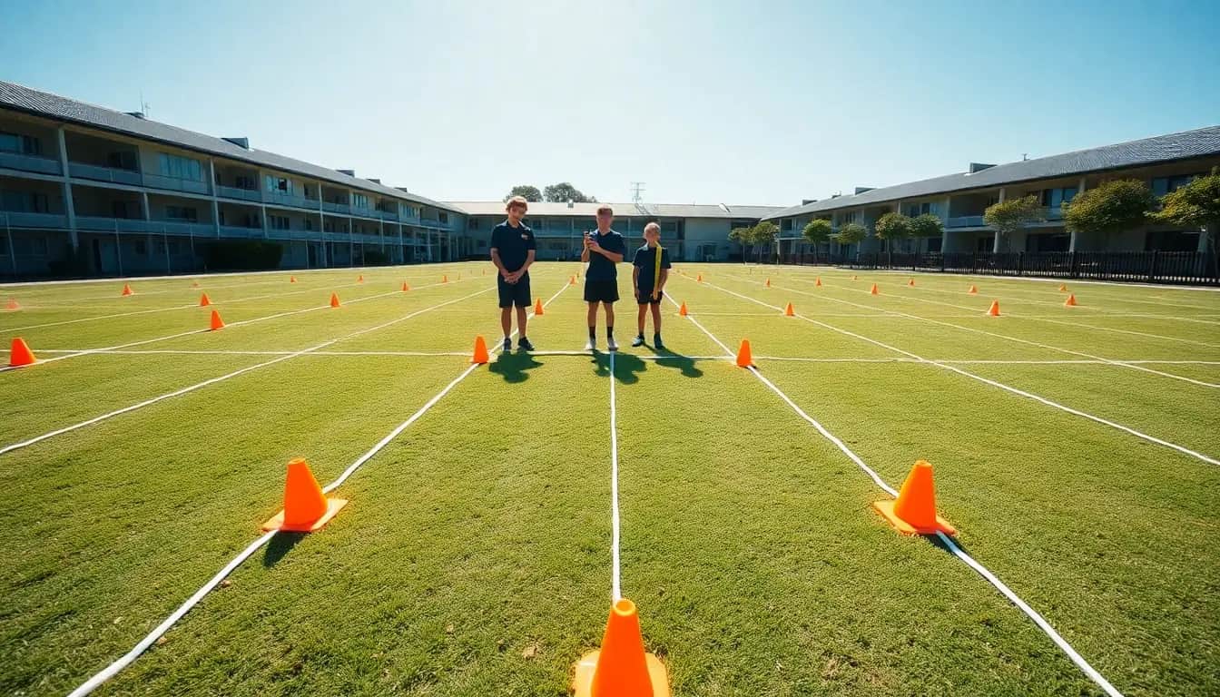 A giant grid of white string lines and orange cones laid out on a sunny school field, with three students standing at a crossing point