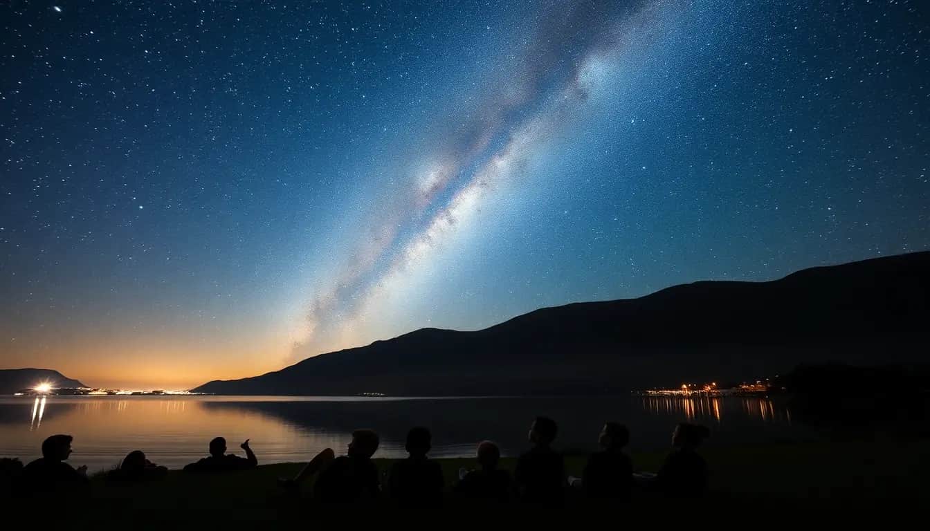The Milky Way arching over a dark hill and calm harbour at night, with a group of children silhouetted on the grass looking up