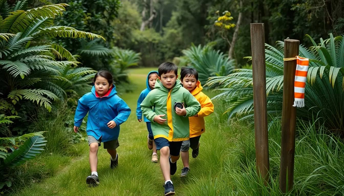 Children in bright rain jackets run along a grassy track through native bush and tree ferns towards an orange and white orienteering marker, one holding a compass