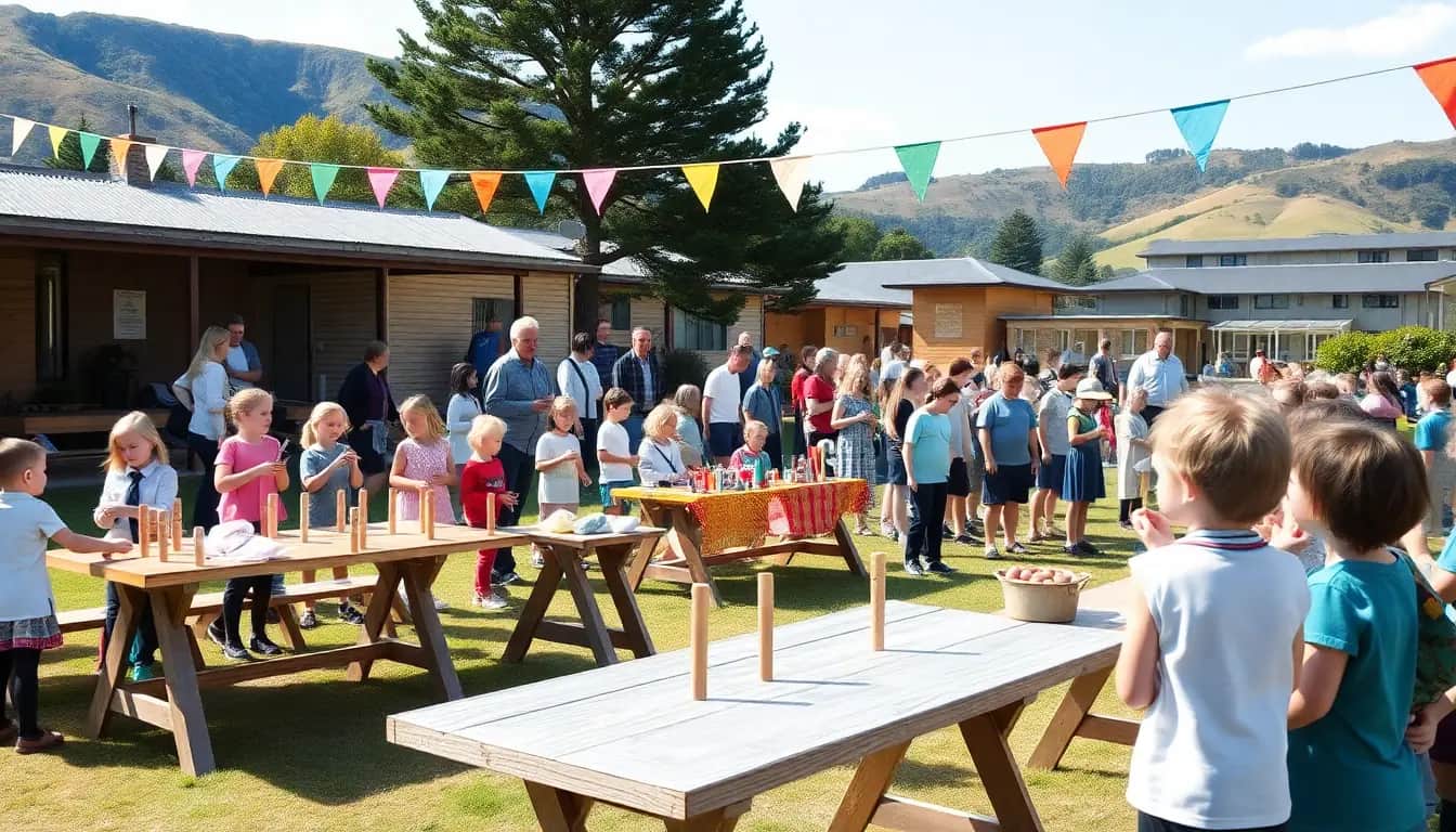 A sunny outdoor school gala with bunting, wooden trestle tables set up with peg games, and children and families gathered on the grass