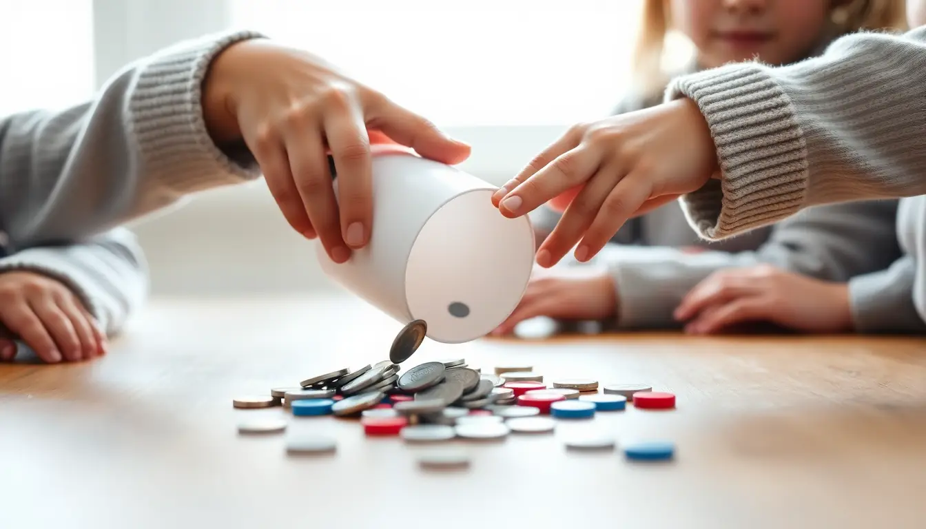 Children's hands tipping a white cup to scatter coins and red and blue counters across a wooden table