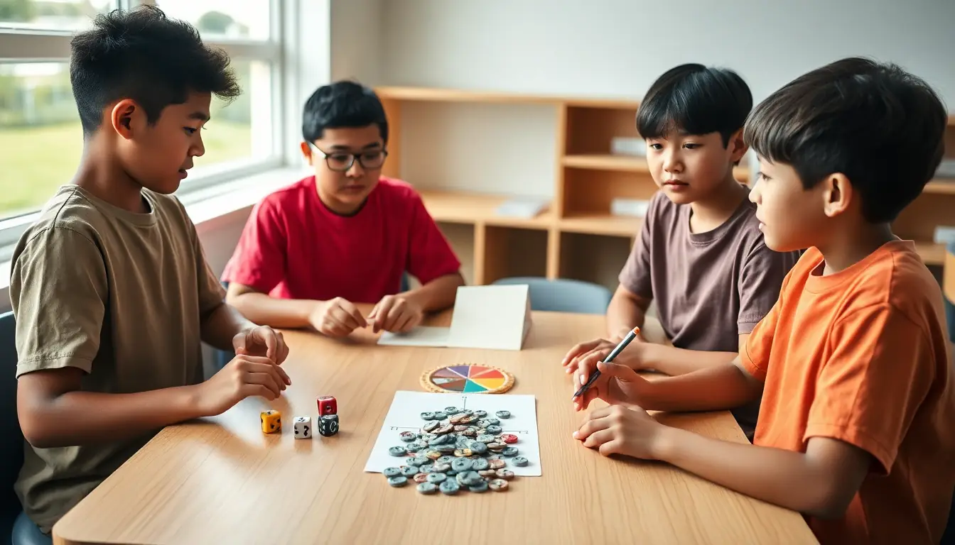 Four students around a classroom table playing a probability game with dice, a coloured spinner and a pile of counters, one keeping a tally