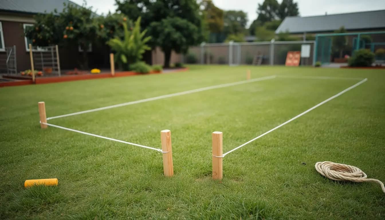 A large rectangle marked out on a school lawn with white string lines between wooden pegs, a coil of rope lying on the grass and a vegetable garden behind