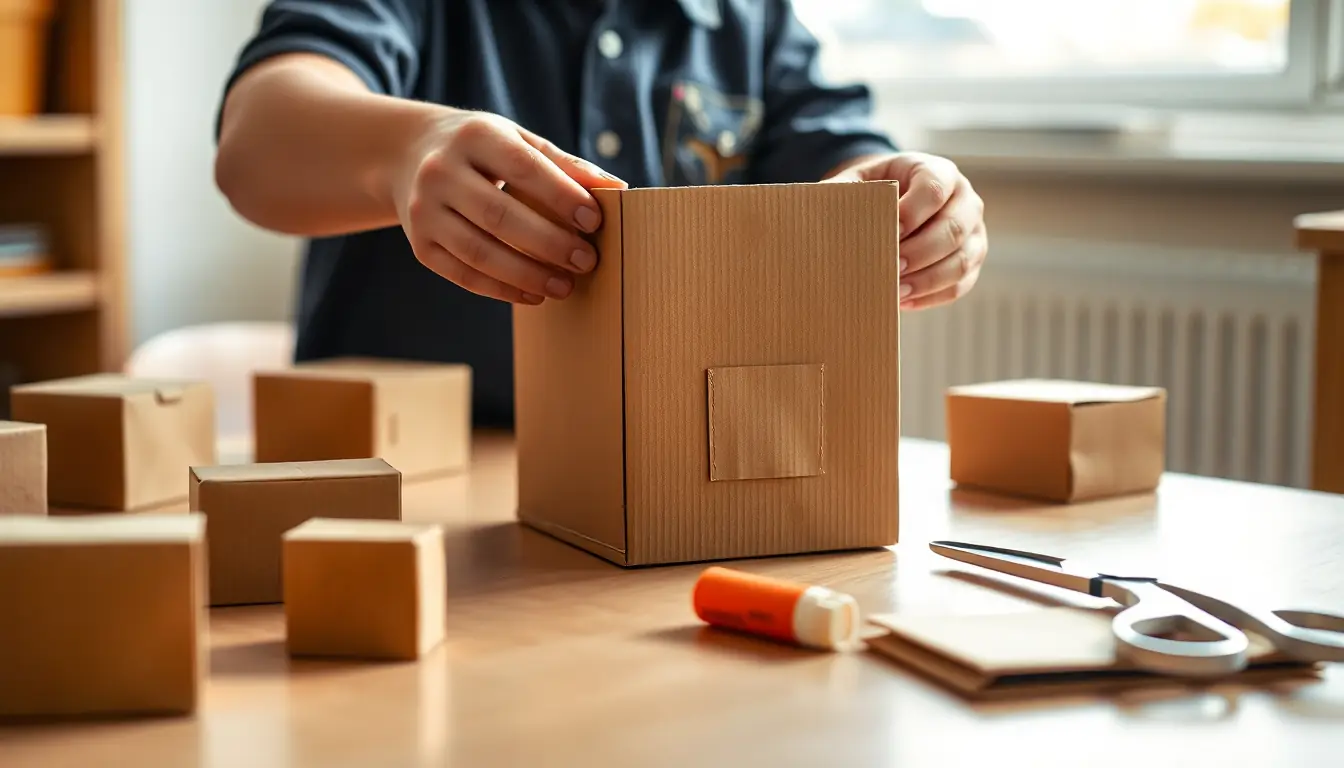 Hands pressing together a cardboard box on a classroom desk, surrounded by finished cardboard boxes, a glue stick and scissors