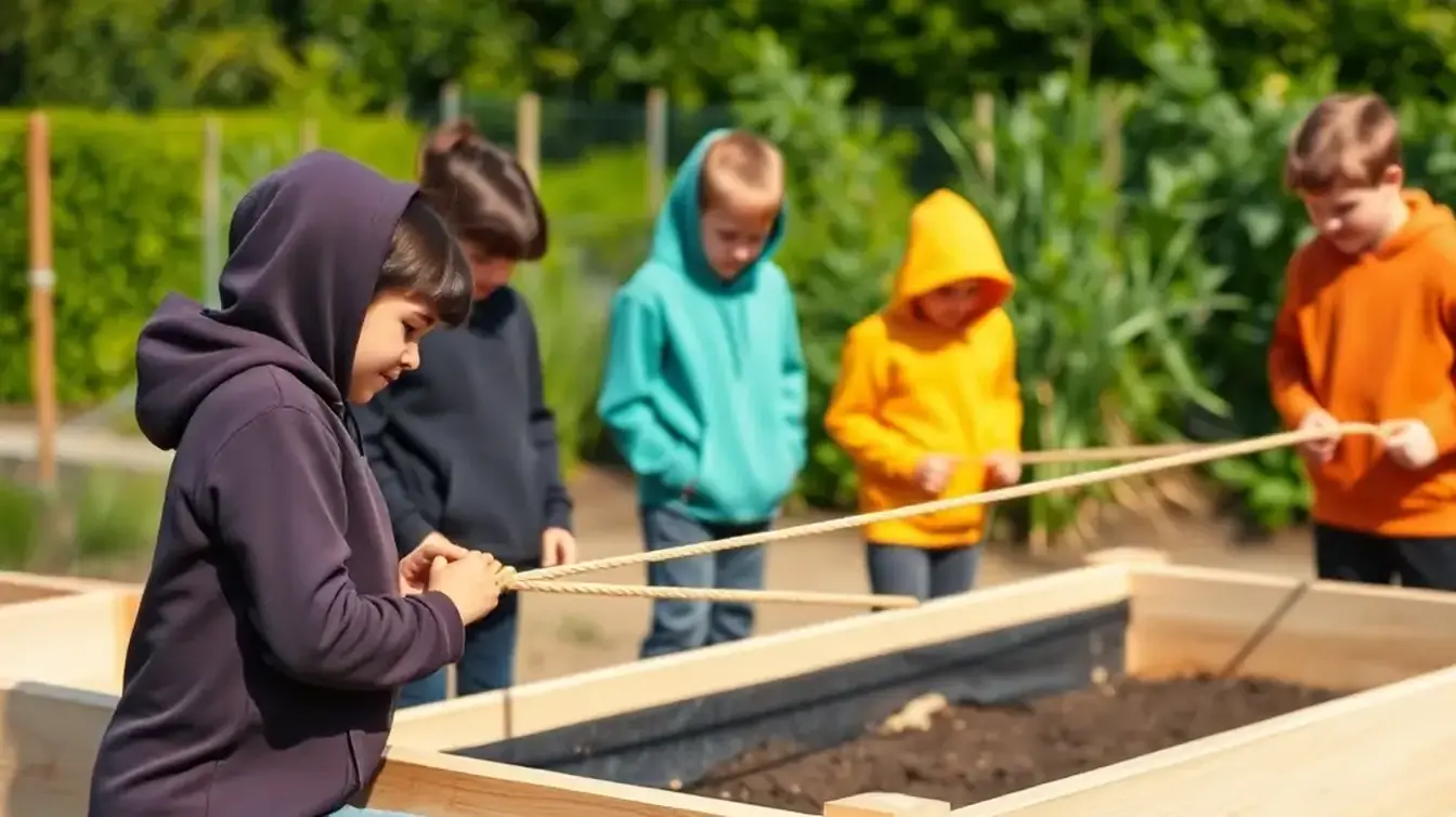 Students in bright hoodies in a school vegetable garden stretching a rope along the side of a new wooden raised bed to measure it
