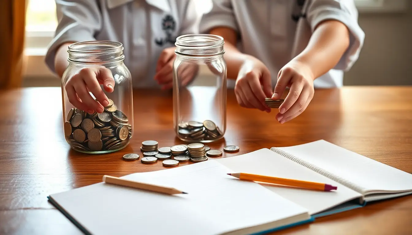 Hands sorting coins into piles and glass jars on a wooden table beside an open notebook and pencils
