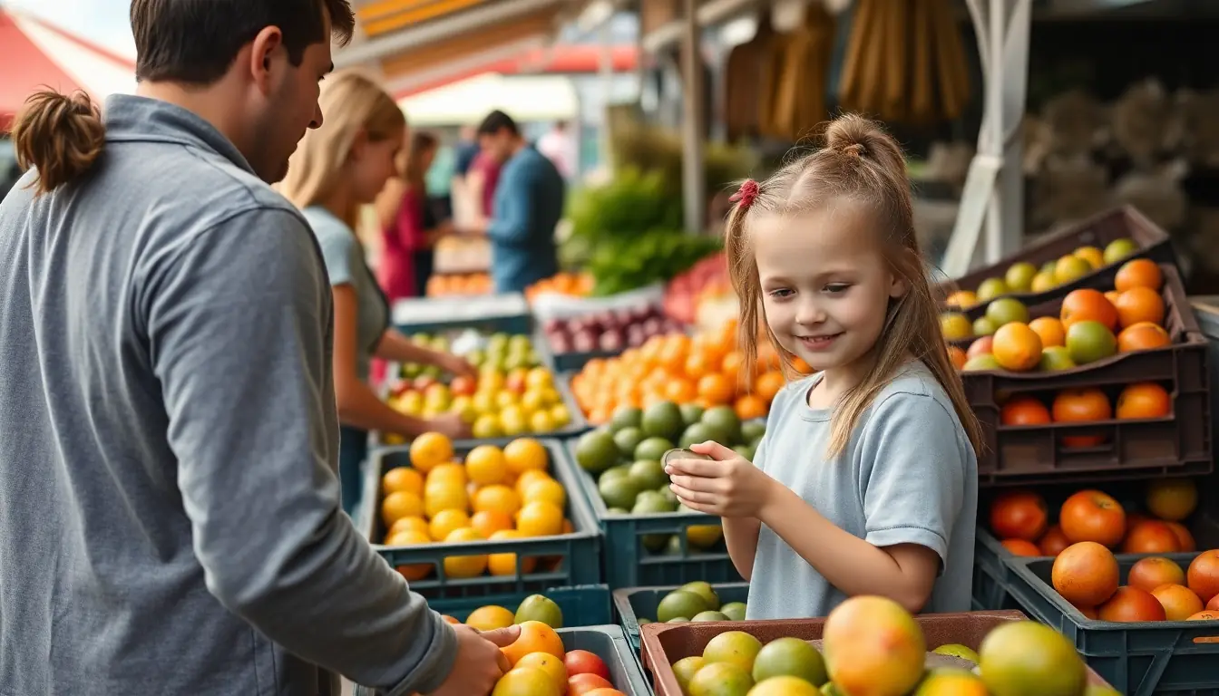 A family choosing fruit and vegetables at an outdoor farmers' market stall, a child counting coins in her hand