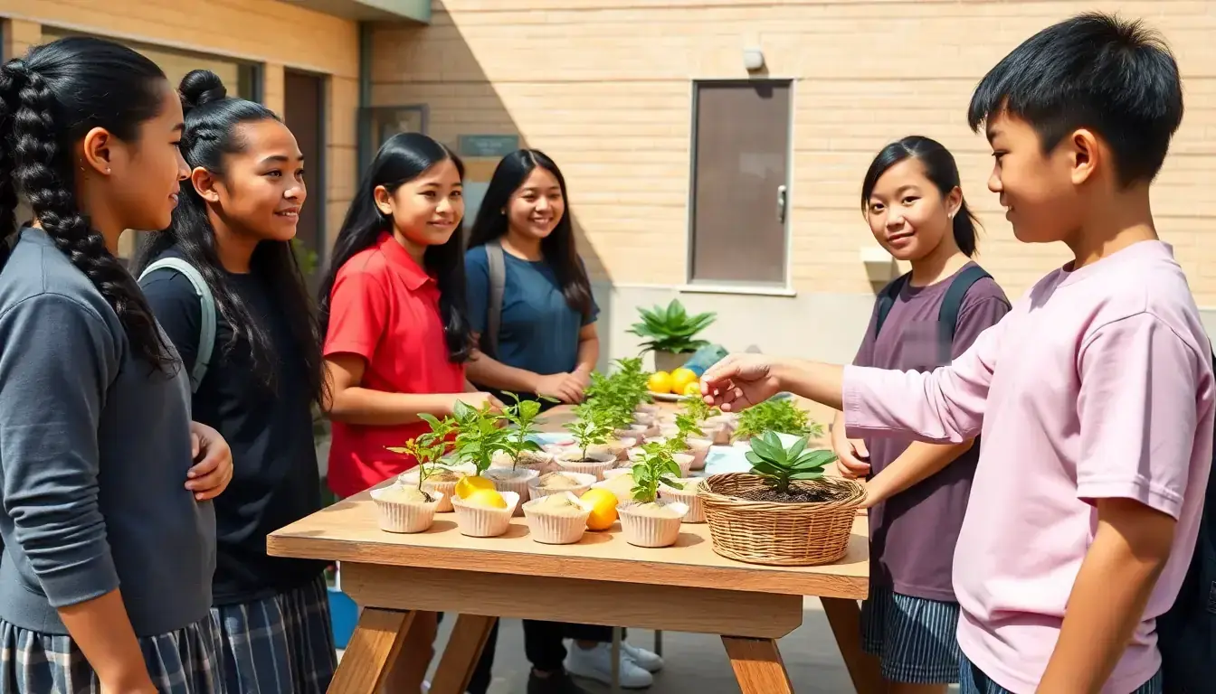 Students running a school market-day stall with baking, seedlings and lemons, one handing coins in change to a parent