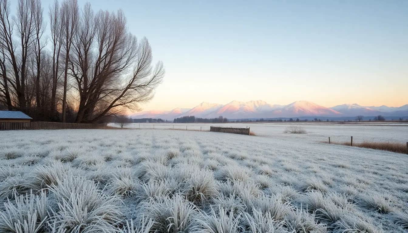 A frosty dawn in Central Otago with white frost on the grass, bare poplar trees and pink-lit snowy mountains in the distance