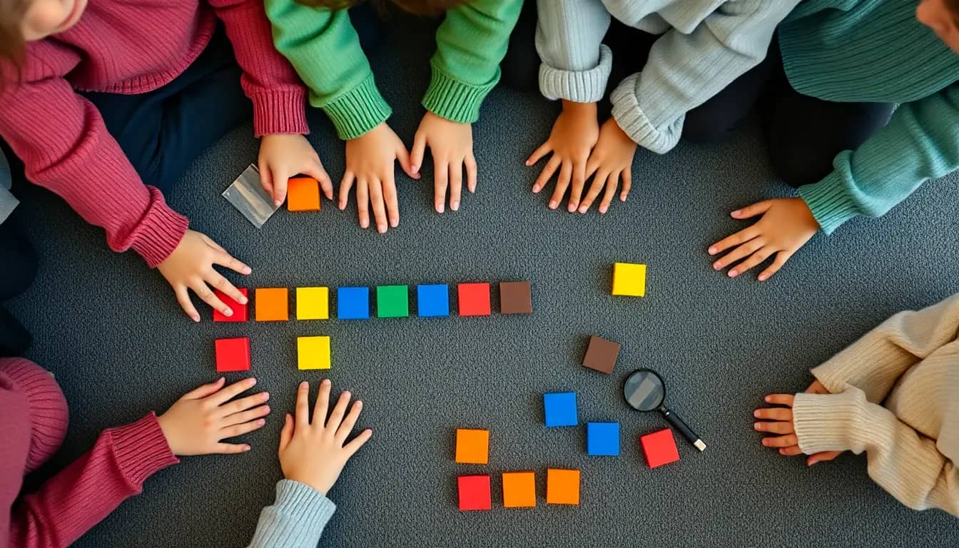 Looking down on a classroom carpet where the hands of several children arrange coloured square tiles into rows and rectangles, with a magnifying glass lying beside them