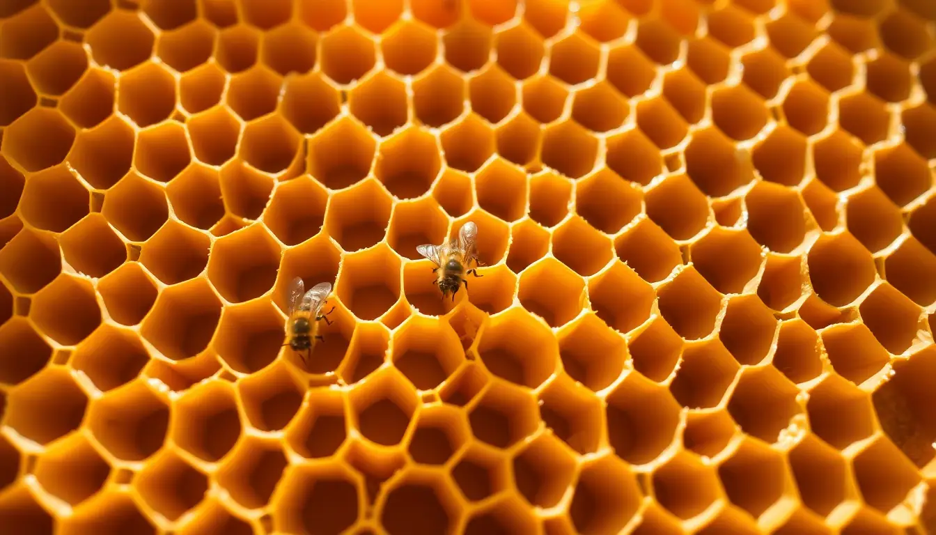 Close-up of golden honeycomb made of hexagonal wax cells, with two honey bees walking across it