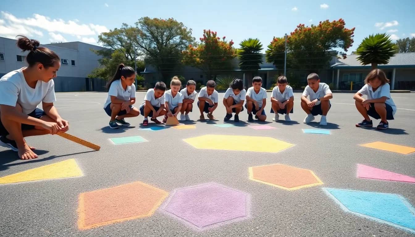 Children crouch on a sunny school court beside large coloured chalk hexagons and triangles, one holding a long wooden ruler, with pōhutukawa trees behind