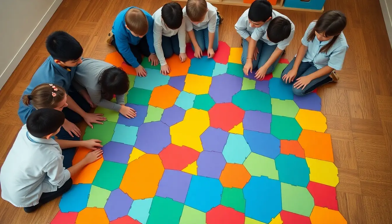 A group of children kneel around a large floor pattern of brightly coloured paper polygons fitted together with no gaps