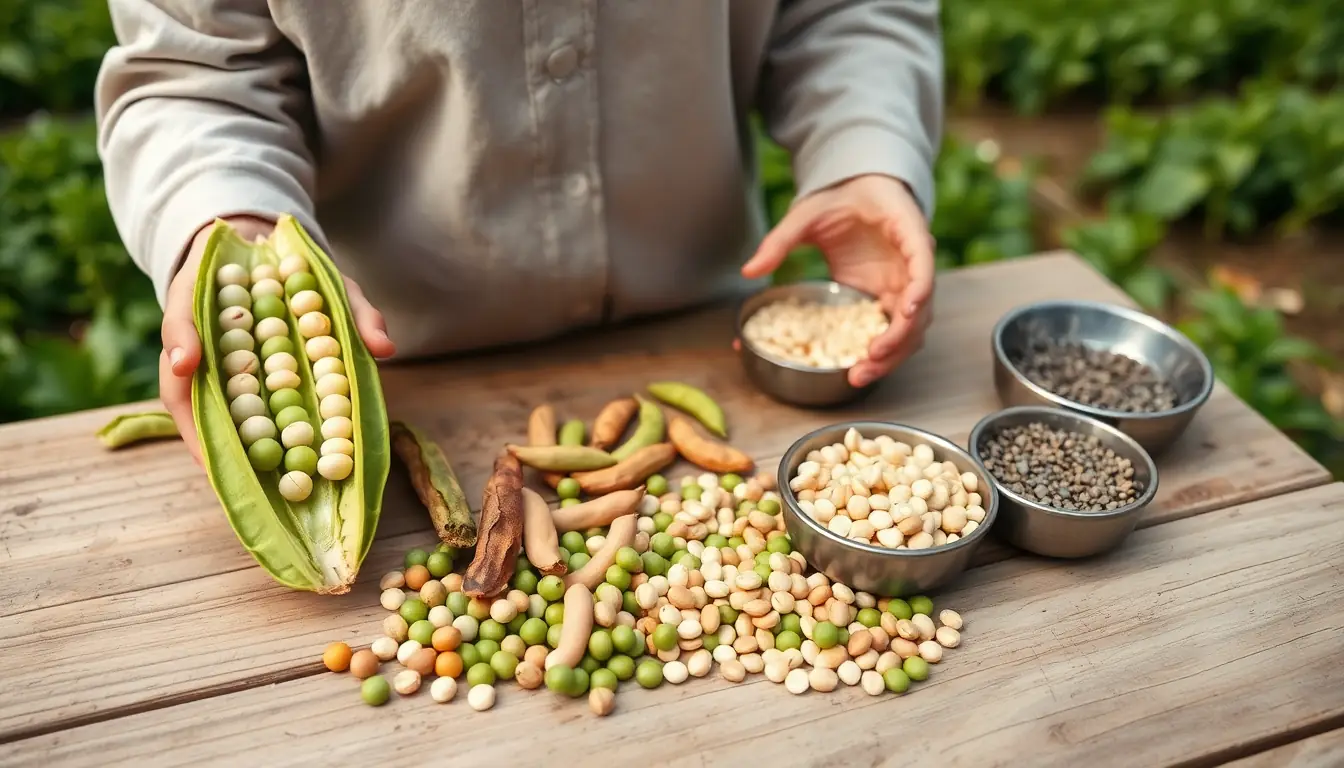Hands holding an open pea pod with a row of green and pale yellow peas, beside bowls of sorted beans, peas and seeds on a garden table