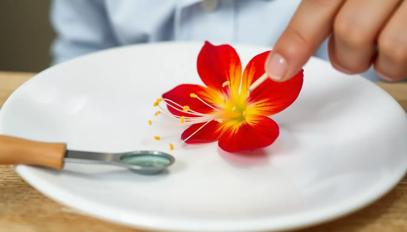 A red and yellow flower on a white plate with long stamens tipped with yellow pollen, a student pointing with a toothpick and a hand lens beside it