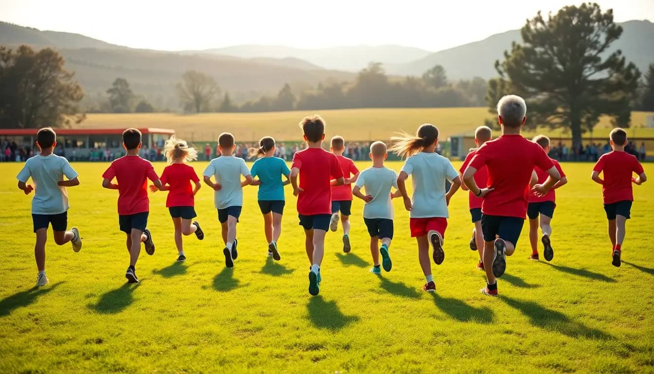 A big group of students in red, white and blue sports tops running away across a sunny school field towards golden hills, seen from behind