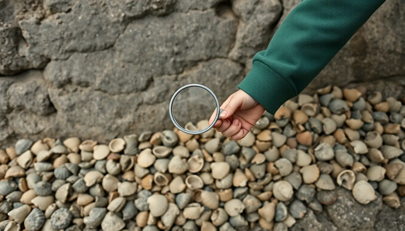 A student's hand holding a magnifying glass over a bed of weathered fossil shells at the foot of a grey rock face