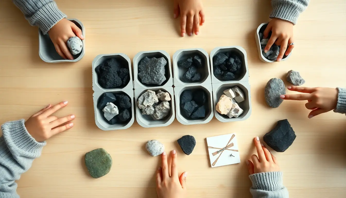 Students' hands sorting grey, black, white and green rock samples into egg cartons on a wooden table beside a streak-test tile and a nail