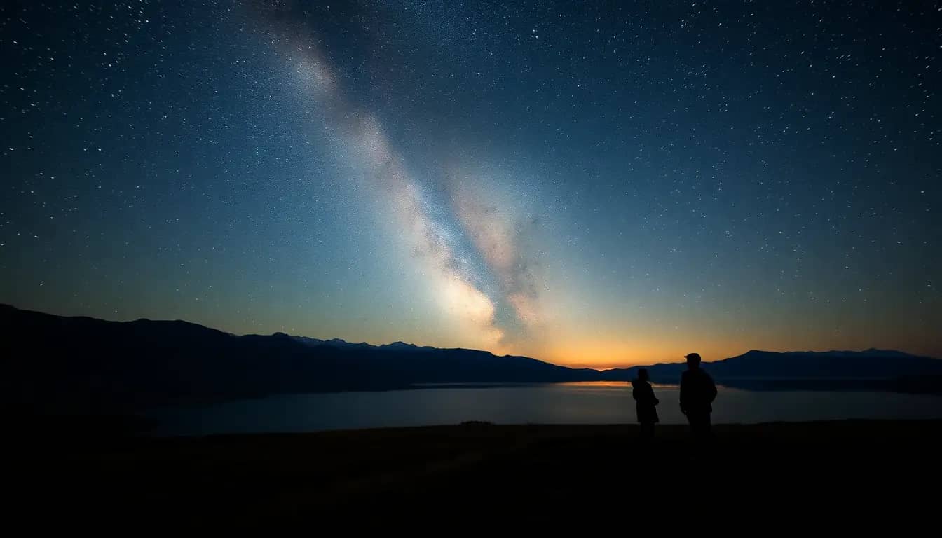 The Milky Way rising over dark mountains and a still lake at dawn, with two people silhouetted on a hilltop looking up at the stars