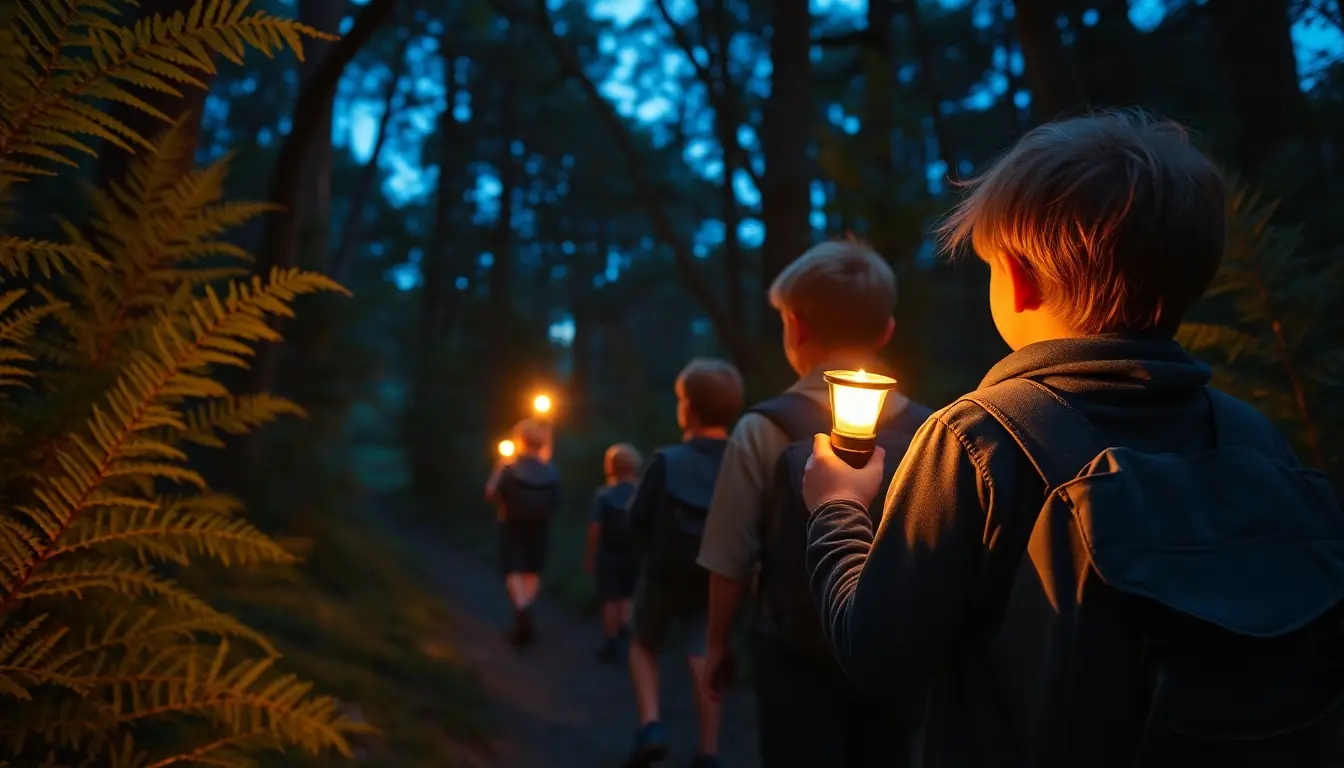 Children on a bush track at dusk lighting the way through tree ferns with small handheld lights